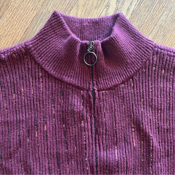 Nine West Quarter Zip Sequin Front Stripe Wine Pullover Size Large - Picture 3 of 6